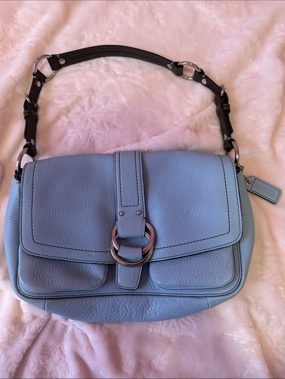 Light Blue Leather Coach Shoulder Bag with Silver Ring Accent